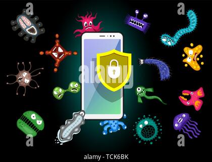 Mobile protection. Smartphone with security shield and infection computer virus attack. Spam data, fraud internet error message, insecure connection,  Stock Vector