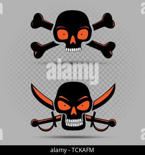 Black skulls with red eyes set on gray transparent background. Skull with bones and swords. Hacker, toxic or poison sign symbol Stock Vector