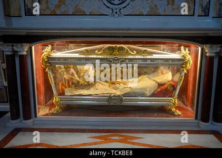 Holier Geminiano in a glass sarcophagus, crypt in Matera Cathedral, Matera, Basilicata, Italy Stock Photo