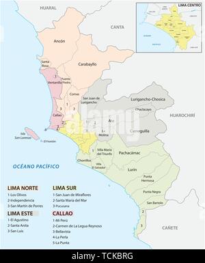 Lima metropolitan area administrative and political map in spanish language Stock Vector