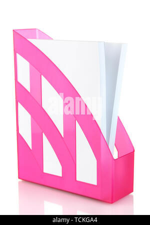 Pink tray for papers isolated on white Stock Photo