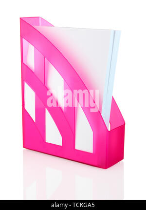 Pink tray for papers isolated on white Stock Photo