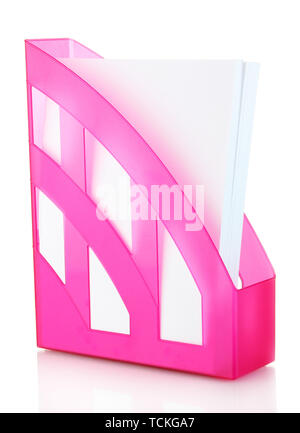 Pink tray for papers isolated on white Stock Photo