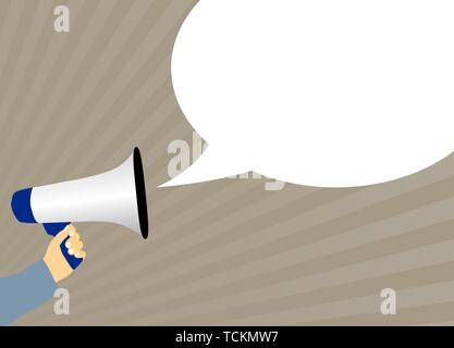 hand holding megaphone or bullhorn with speech bubble vector illustration Stock Vector