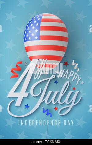 Happy Independence Day poster. 4th of July. Serpentine and confetti. United States of America flag pattern. Realistic flying festive balloon. Beautifu Stock Vector