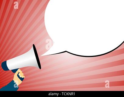 hand holding megaphone or bullhorn against red background with rays of light and speech bubble vector illustration Stock Vector