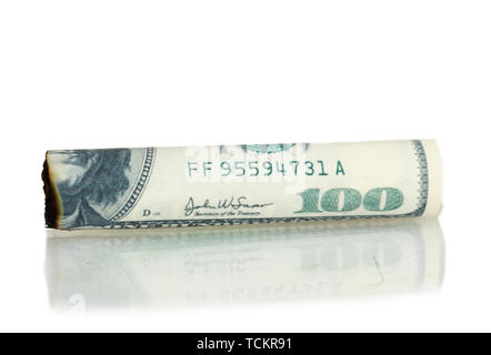 Cigar of the 100 dollar bill isolated on white Stock Photo