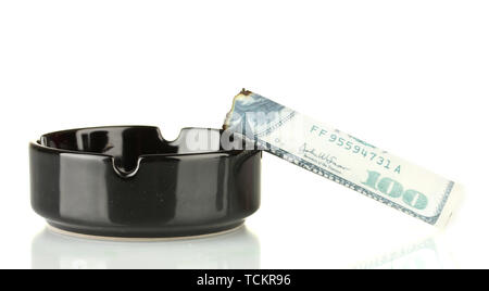 Cigar of the 100 dollar bill and an ashtray isolated on white Stock Photo