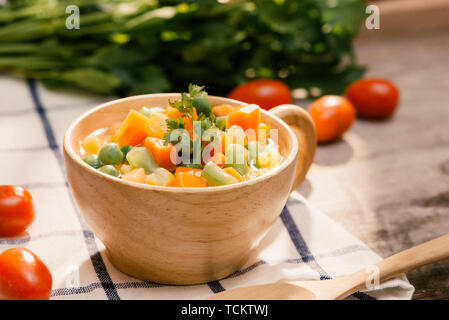 Steamed Organic Vegetable Medly with Peas, Corn, Beans, and Carrots Stock Photo