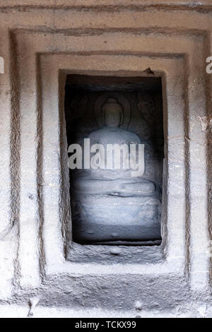 Cave 12, three-storied Mahayana monastery caves with idols, Ellora Caves,  rock-cut monastery-temple cave, India Stock Photo