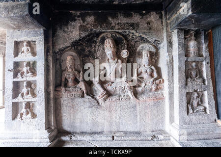 Cave 12, three-storied Mahayana monastery caves with idols, Ellora Caves,  rock-cut monastery-temple cave, India Stock Photo