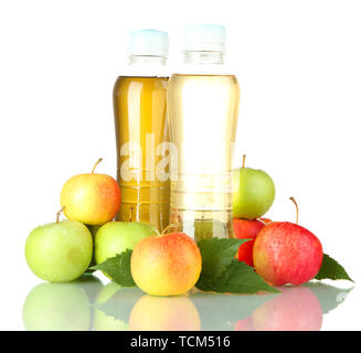 two bottles of juice with sweet apples, isolated on white Stock Photo