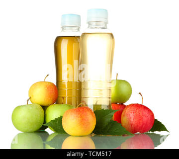 two bottles of juice with sweet apples, isolated on white Stock Photo