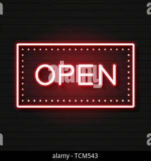 Open Neon Sign. Ready For Your Design, Greeting Card, Banner. Vector Illustration Stock Vector