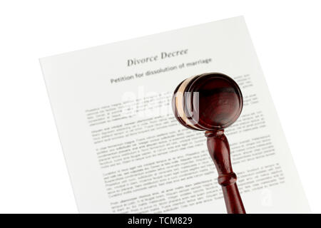 Divorce decree and wooden gavel on white background Stock Photo