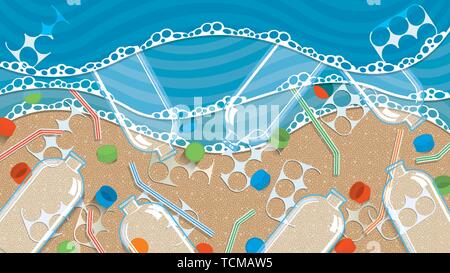 Close up view of waves on the beach throwing plastic debris on the beach contaminated with bottles, bottle tops and plastic straws. Vector image Stock Vector