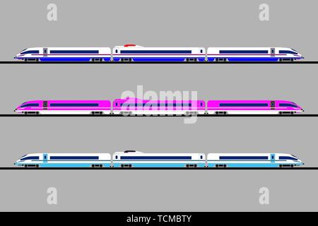 Vector flat illustration of three different colors passenger express trains. Each high-speed train is two locomotives and a passenger car. For catalog Stock Vector