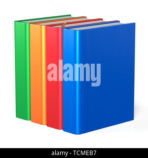 Blank books educational four textbooks bookshelf bookcase row standing 4 colorful green orange red blue template. School studying knowledge content ic Stock Photo