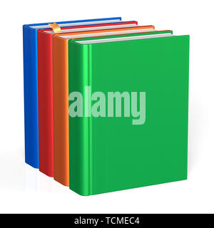 Books textbooks four blank educational bookshelf bookcase row standing 4 colorful blue red orange green template. School studying knowledge content ic Stock Photo