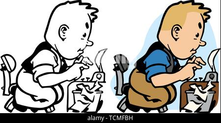 A reporter types a story on his typewriter at his desk. Stock Vector