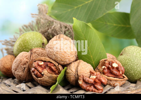 walnuts with green leaves in garden, on green background Stock Photo