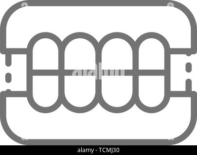 Dentures, dental prosthesis, tooth orthopedics line icon. Stock Vector