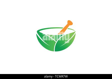 Creative Green Herbal Pharmacy Mortar Logo Vector Symbol Design Stock Vector