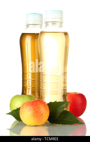 two bottles of juice with sweet apples, isolated on white Stock Photo