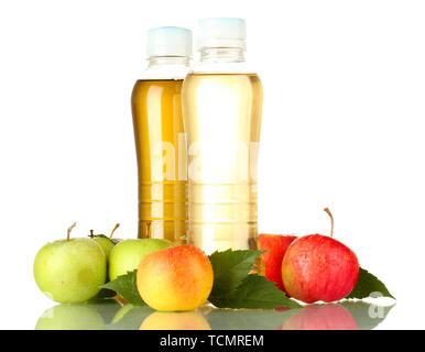 two bottles of juice with sweet apples, isolated on white Stock Photo