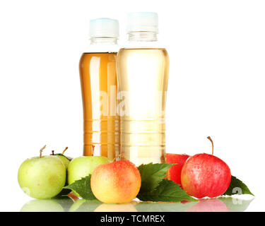 two bottles of juice with sweet apples, isolated on white Stock Photo