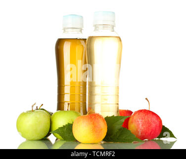 two bottles of juice with sweet apples, isolated on white Stock Photo