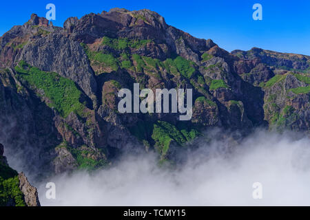 Mountain peak against clear blue sky on sunny day. View from Pico do Arieiro on Portuguese island of Madeira Stock Photo