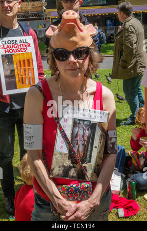 London, UK. 8th June 2019. Vegans meet in Leicester Square and after a speech by a vegan activist who reminded them of the great increase in support for veganism marched n London calling for an end to the breeding, fishing and slaughter of animals. They shouting for an end to the killing of animals who they say have feel pain and love their young and want to live 'just like us' and handing out leaflets to people on the busy shopping streets. They stopped in Soho Square for more speeches, including by Vanessa Hudson from The Animal Welfare Party, before continuing to march around the West End s Stock Photo