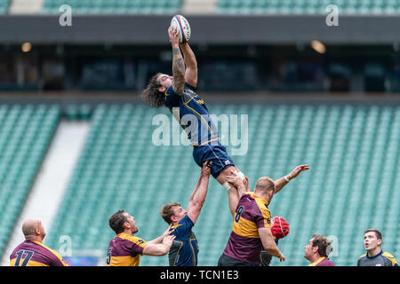 London, UK. 08th, Jun 2019. Surry’s Dylan Flashman (Capt.) in action during Bill Beaumont County Championship Division 2 Final: Surrey v Leicestershire at Twickenham Stadium on Saturday, 08 June 2019. LONDON England .  (Editorial use only, license required for commercial use. No use in betting, games or a single club/league/player publications.) Credit: Taka G Wu/Alamy Live News Stock Photo