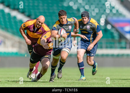 London, UK. 08th, Jun 2019. Surry’s Joel Grant (centre) is tackled during Bill Beaumont County Championship Division 2 Final: Surrey v Leicestershire at Twickenham Stadium on Saturday, 08 June 2019. LONDON England .  (Editorial use only, license required for commercial use. No use in betting, games or a single club/league/player publications.) Credit: Taka G Wu/Alamy Live News Stock Photo