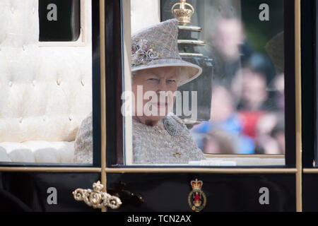 London, Britain. 8th June, 2019. Britain's Queen Elizabeth II departs from Buckingham Palace during the Trooping the Colour ceremony to mark her 93rd birthday in London, Britain, on June 8, 2019. Queen Elizabeth celebrated her official 93rd birthday in London Saturday, with a family gathering on the balcony at Buckingham Palace. Credit: Ray Tang/Xinhua/Alamy Live News Stock Photo
