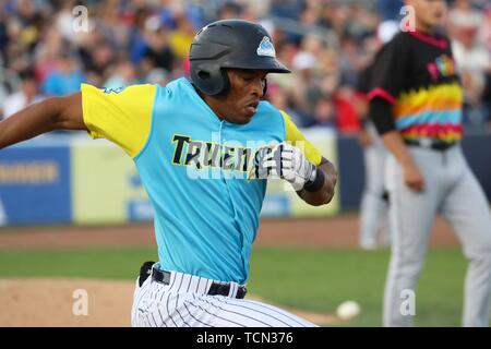 Trenton, New Jersey, USA. 8th June, 2019. DEIVI GARCIA, a pitcher for the  Trenton Thunder (the New York Yankees' double-A affiliate team) who comes  from the Dominican Republic, practices his throwing motion