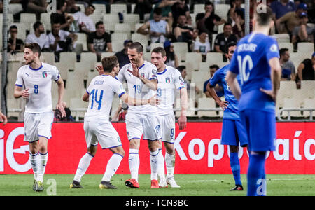 Athens, Greece. 8th June, 2019. Italy's Leonardo Bonucci (19) celebrates scoring with teammates during the UEFA Euro 2020 Group J qualifier soccer match in Athens, Greece, June 8, 2019. Credit: Panagiotis Moschandreou/Xinhua/Alamy Live News Stock Photo