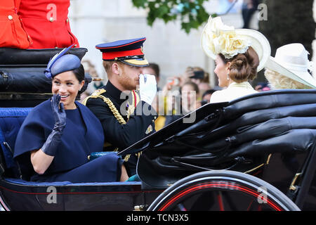London, UK. 08th June, 2019. Meghan Duchess of Sussex and Prince Harry are seen in a carriage on their way to Buckingham Palace after attending the Trooping the Colour ceremony, which marks the 93rd birthday of, Queen Elizabeth II, Britain's longest reigning monarch. Credit: SOPA Images Limited/Alamy Live News Stock Photo