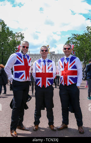 London, UK. 08th June, 2019. Royal fans with Union Jack waistcoats are seen at The Mall during the Trooping the Colour ceremony to mark the 93rd birthday of Queen Elizabeth II, Britain's longest reigning monarch. Credit: SOPA Images Limited/Alamy Live News