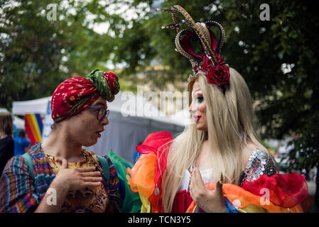 Warsaw, Poland. 08th June, 2019. Two drag queens perform during the Warsaw Pride. The Equality March also called the Warsaw Pride parade, brought thousands of people to the streets of Warsaw, at the time when the gay rights movement in Poland is under siege by hate speech and a government campaign depicting it as a threat to families and society. Credit: SOPA Images Limited/Alamy Live News Stock Photo