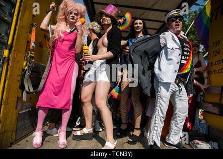 Warsaw, Poland. 08th June, 2019. LGBT people perform on a truck platform during the Warsaw Pride. The Equality March also called the Warsaw Pride parade, brought thousands of people to the streets of Warsaw, at the time when the gay rights movement in Poland is under siege by hate speech and a government campaign depicting it as a threat to families and society. Credit: SOPA Images Limited/Alamy Live News Stock Photo