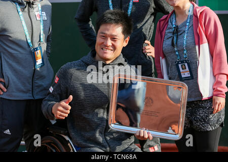 Paris, France. 9th June 2019. Shingo Kunieda of Japan poses with the trophy during the trophy ceremony of the French Open wheelchair and quad wheelchair tennis tournament at the Roland Garros in Paris, France on June 8, 2019. (Photo by AFLO) Credit: Aflo Co. Ltd./Alamy Live News Stock Photo