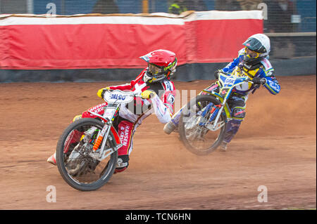 Glasgow, Scotland, UK. 08th June, 2019.  Niels-Kristian Iversen (Red) leads Pontus Aspgren (White) in the run off for 2nd & Third when both riders finished on 13 points during the FIM Speedway Grand Prix World Championship - Qualifying Round 1 at the Peugeot Ashfield Stadium, Glasgow on Saturday 8th June 2019. (Credit: Ian Charles | MI News) Credit: MI News & Sport /Alamy Live News Stock Photo