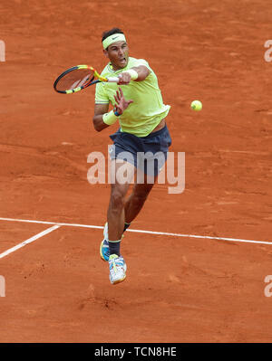 Paris, France. 9th June, 2019. Rafael Nadal of Spain competes during the men's singles final with Dominic Thiem of Austria at French Open tennis tournament 2019 at Roland Garros, in Paris, France on June 9, 2019. Credit: Han Yan/Xinhua/Alamy Live News Stock Photo