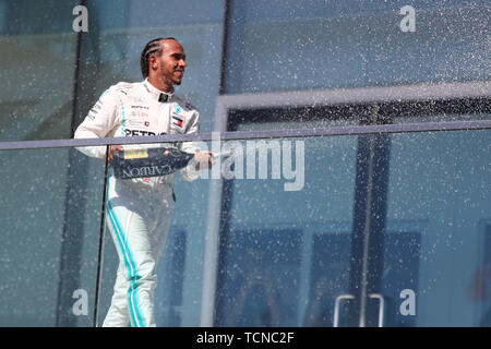 Quebec, Canada. 09th June, 2019. 9th June 2019, Circuit Gilles Villeneuve, Montreal, Quebec, Canada; Formula 1 Grand Prix of Canada, Race day; Mercedes AMG Petronas Motorsport, Lewis Hamilton wins in Canada and sprays winners champagne Credit: Action Plus Sports Images/Alamy Live News Stock Photo