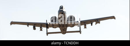 An A-10 Thunderbolt II assigned to the 190th Fighter Squadron, Idaho Air National Guard executes an austere landing and take off on the Freedom Landing Strip, June 6-7, 2019, at the National Training Center, Fort Irwin, California.The capability to land at an austere location enables pilots and ground forces to better integrate their combat capabilities. The 116th Cavalry Brigade Combat Team is training at the National Training Center May 24 through June 20 to prepare for its wartime mission. The rotation builds unit and Soldier proficiency to provide combatant commanders with a trained and re Stock Photo