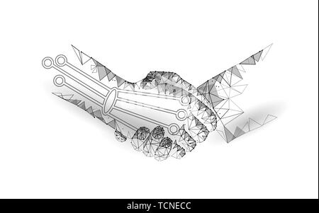 Low poly handshake future industrial revolution concept. AI artificial and human union. Online technology agreement industry management. 3D polygonal Stock Vector