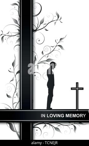 mourning card in loving memory with a man on a cross and floral elements isolated on white background Stock Vector