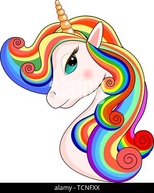 Head of a unicorn with a multi-colored mane on a white background. Stock Vector